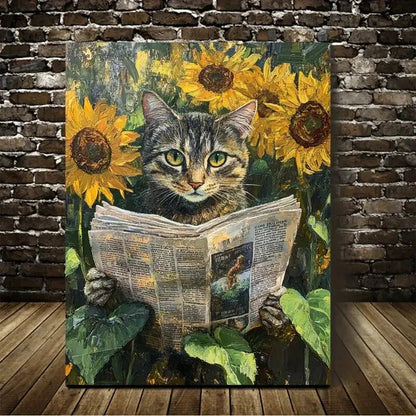 Whimsical Cat Reading Newspaper with Sunflowers  40x60cm Metal Print Ready to Hang