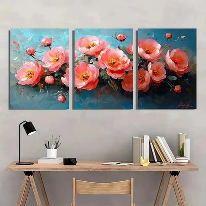 3pcs Pink Peonies Impasto Painting Oil Painting Metal Print Ready to Hang Art