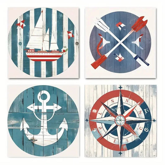 4pcs Anchor Sailboat Compass Classic Marine Navy Wall Art Canvas Framed