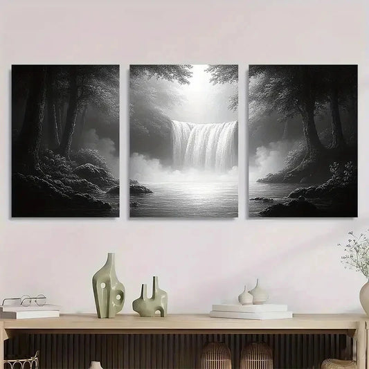 3pcs Black and White Waterfall Forest Scenery Metal Print Ready to Hang Art