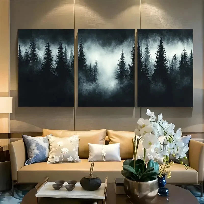 3pcs Mysterious Black and White Pine Tree Forest Metal Print Ready to Hang Art