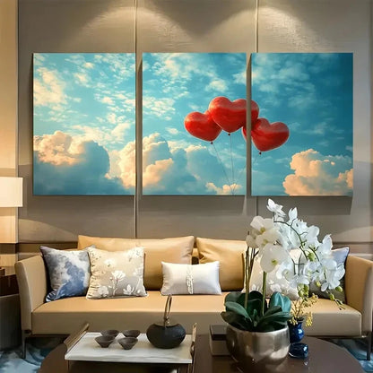 3pcs Romantic Heart Balloons in the Sky Metal Print Ready to Hang Art