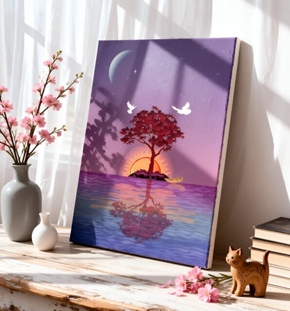 Surreal Sunset and Moon Tree Island Dreamscape 40x60cm Metal Print Ready to Hang