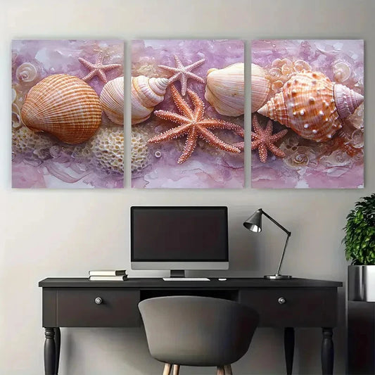 3pcs Delicate Sea Shell Coral Starfish Wall Art Set Canvas Framed 40x60cm - High Quality Print 100% Australian Made Wall Canvas Ready to Hang