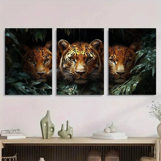 3pcs Jungle Overlord Leopard Green Leaves Metal Print Ready to Hang Art