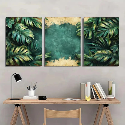 3pcs Tropical Jungle Palm Leaf Grunge Style Metal Print Ready to Hang Art
