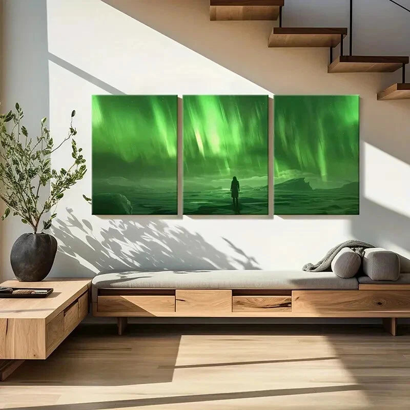 3pcs Aurora Borealis Landscape Silhouette Figure Metal Print Ready to Hang Art