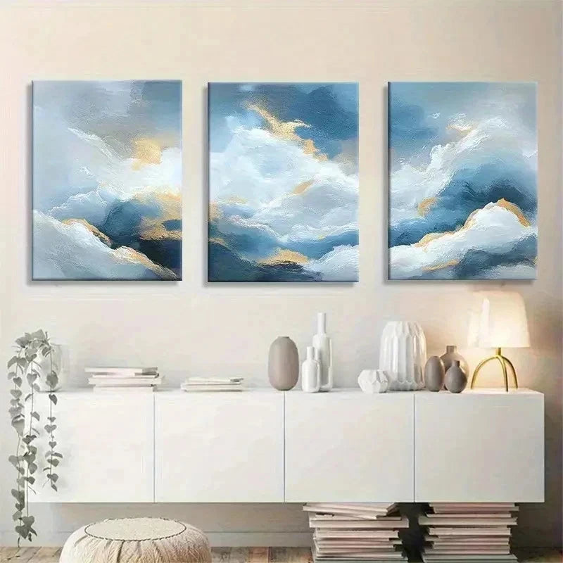 3pcs Landscape with Blue & Golden Brushstrokes Wall Art Set Canvas Framed 50x70cm - High Quality Print 100% Australian Made Wall Canvas Ready to Hang