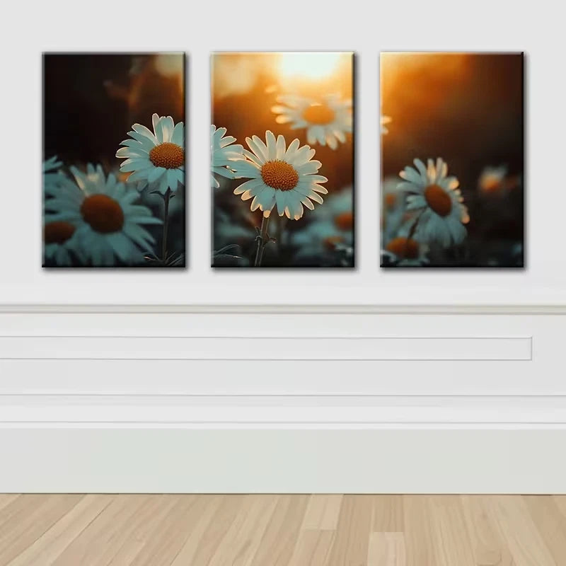 3pcs Daisy Delight Sunset Illustration Wall Art Set Canvas Framed 60x90cm - High Quality Print 100% Australian Made Wall Canvas Ready to Hang