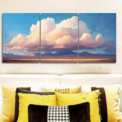 3pcs Fluffy Clouds Over a Vast, Flat Landscape Wall Art Set Canvas Framed 50x70cm - High Quality Print 100% Australian Made Wall Canvas Ready to Hang