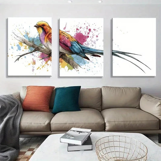 3pcs Vibrant Long-Tail Bird Watercolor Splatter Metal Print Ready to Hang Art