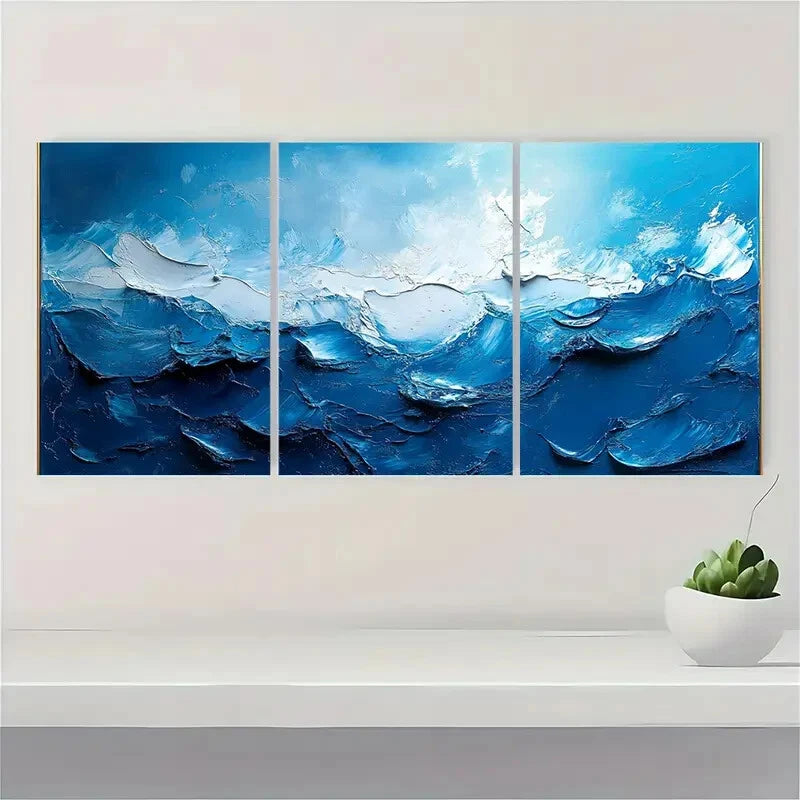 3pcs Acrylic PaintingModern Blue Abstract Painting Metal Print Ready to Hang Art