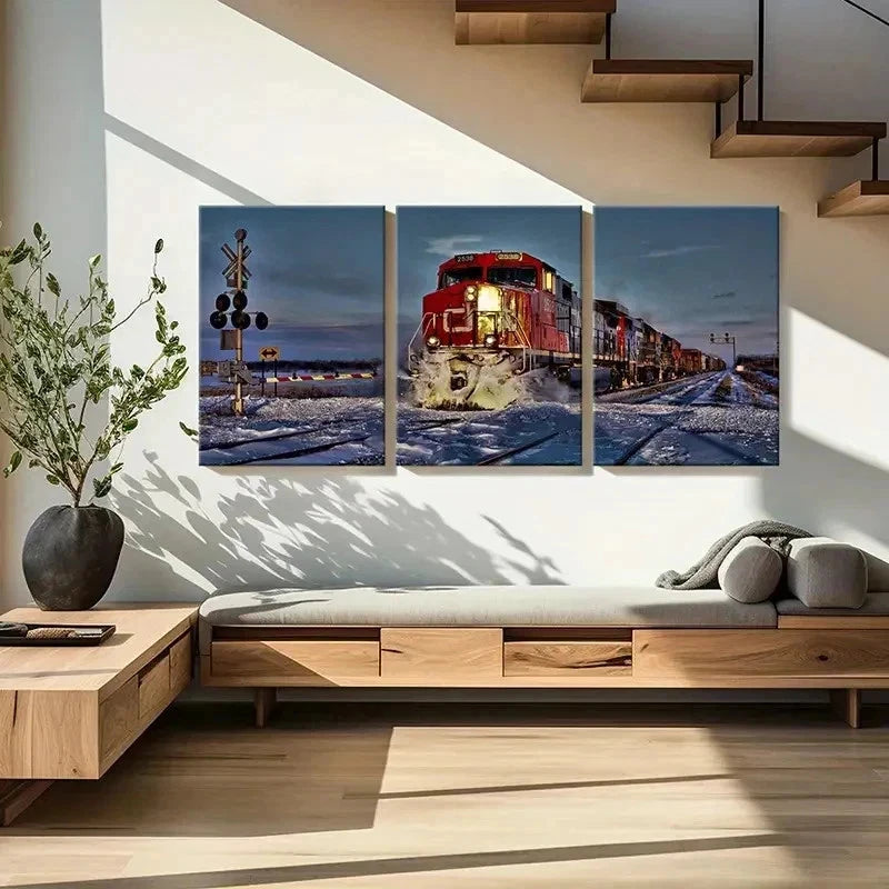 3pcs Steam Train with Snowy Landscape Wall Art Set Canvas Framed 40x60cm - High Quality Print 100% Australian Made Wall Canvas Ready to Hang