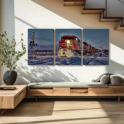 3pcs Steam Train with Snowy Landscape Wall Art Set Canvas Framed 40x60cm - High Quality Print 100% Australian Made Wall Canvas Ready to Hang