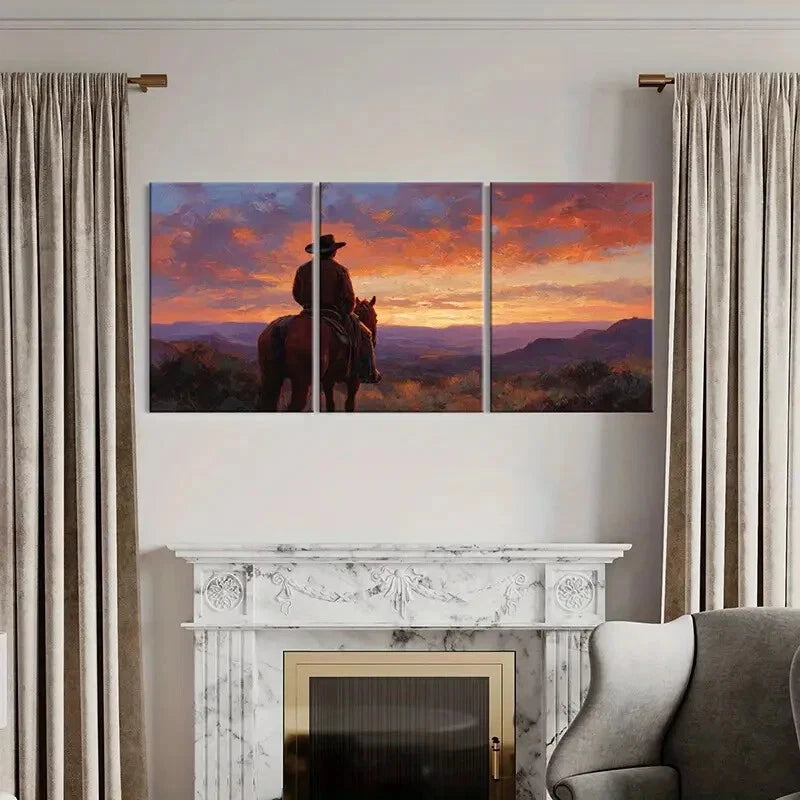 3pcs Vintage Landscape with Horseback Rider Metal Print Ready to Hang Art