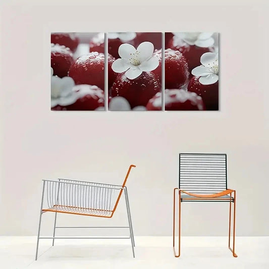 3pcs Red Berries with White Flowers Metal Print Ready to Hang Art