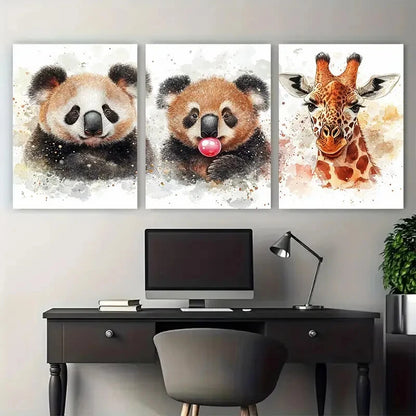 3pcs Panda, Koala, Giraffe Bubble Gum Wildlife Metal Print Ready to Hang Art