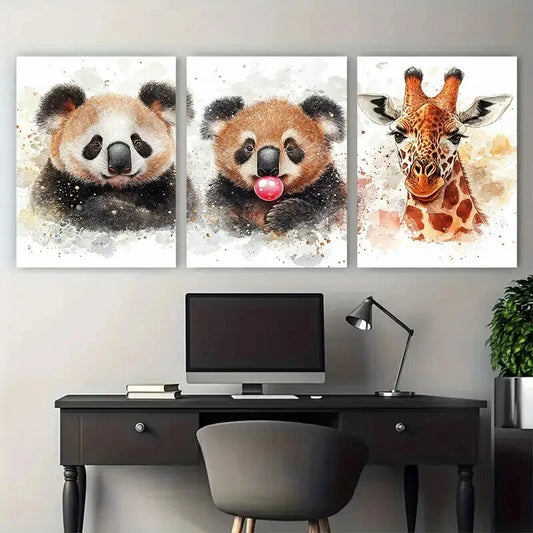 3pcs Panda, Koala, Giraffe Bubble Gum Wildlife Metal Print Ready to Hang Art