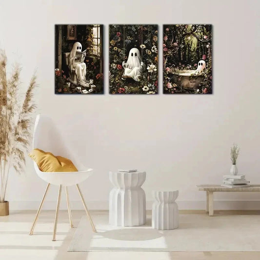 3pcs A Ghost on the Toilet Reading Taking a Bath Metal Print Ready to Hang Art