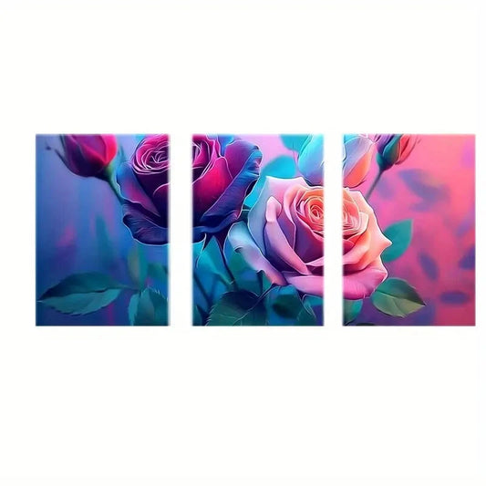 3pcs Vibrant Abstract Pink & Blue Floral Design Metal Print Ready to Hang Art