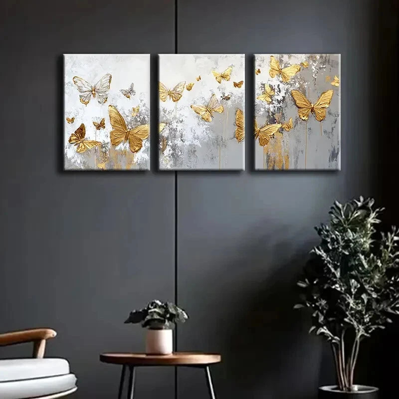 3pcs Golden Butterflies Luxurious Fabric Metal Print Ready to Hang Art