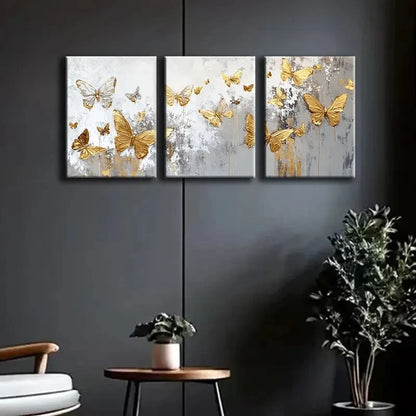 3pcs Golden Butterflies Luxurious Fabric Metal Print Ready to Hang Art