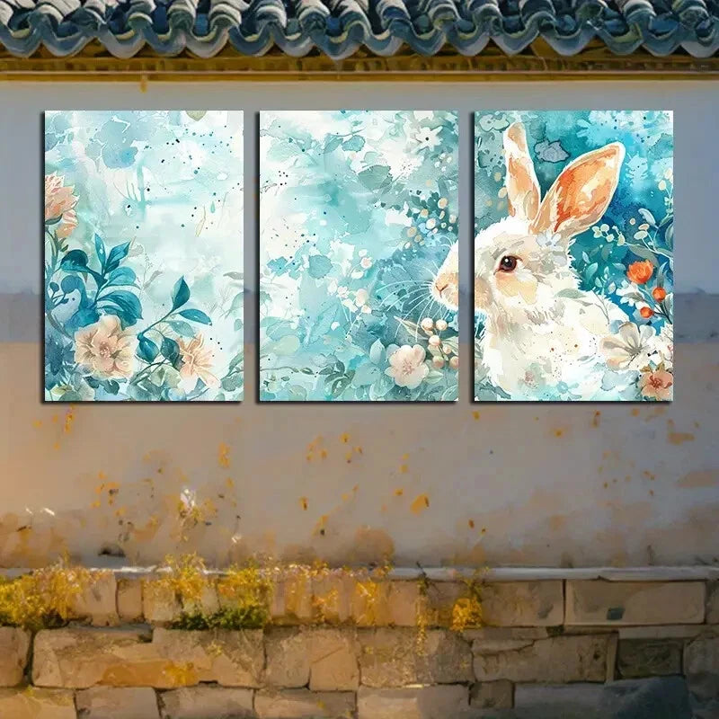 3pcs Floral & Rabbit Paintings Design Metal Print Ready to Hang Art