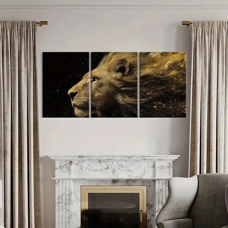 3pcs Lion Profile Art Golden Dust Effect Metal Print Ready to Hang Art