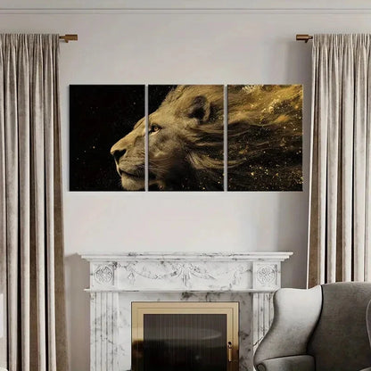 3pcs Lion Profile Art Golden Dust Effect Metal Print Ready to Hang Art