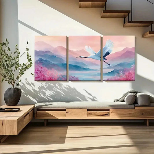 3pcs Crane Flight Over Serene Mountains Metal Print Ready to Hang Art