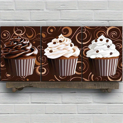 3pcs Yummy Golden Lines Chocolate Cupcake Metal Print Ready to Hang Art