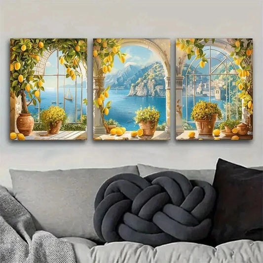 3pcs Coastal View Through Arched Windows Metal Print Ready to Hang Art