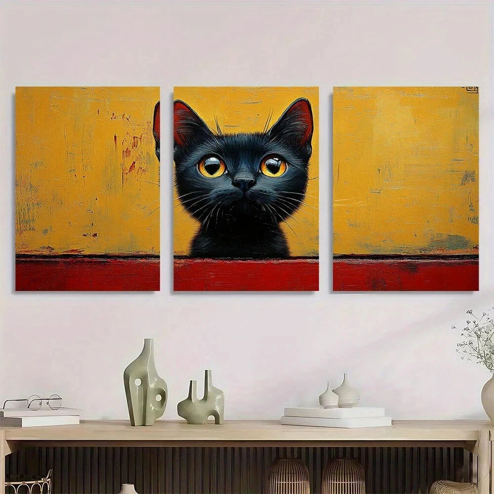 3pcs Whimsical Blue Cat Yellow Backg Metal Print Ready to Hang Art