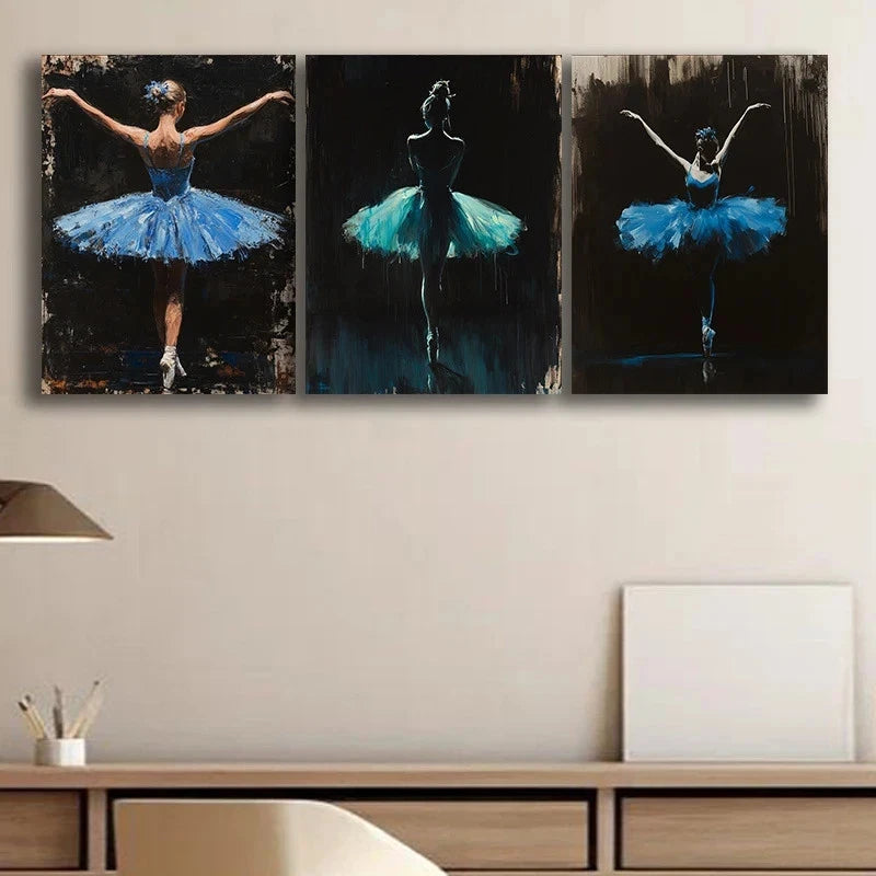 3pcs Blue Ballet Dancer Tutu Luxurious Metal Print Ready to Hang Art