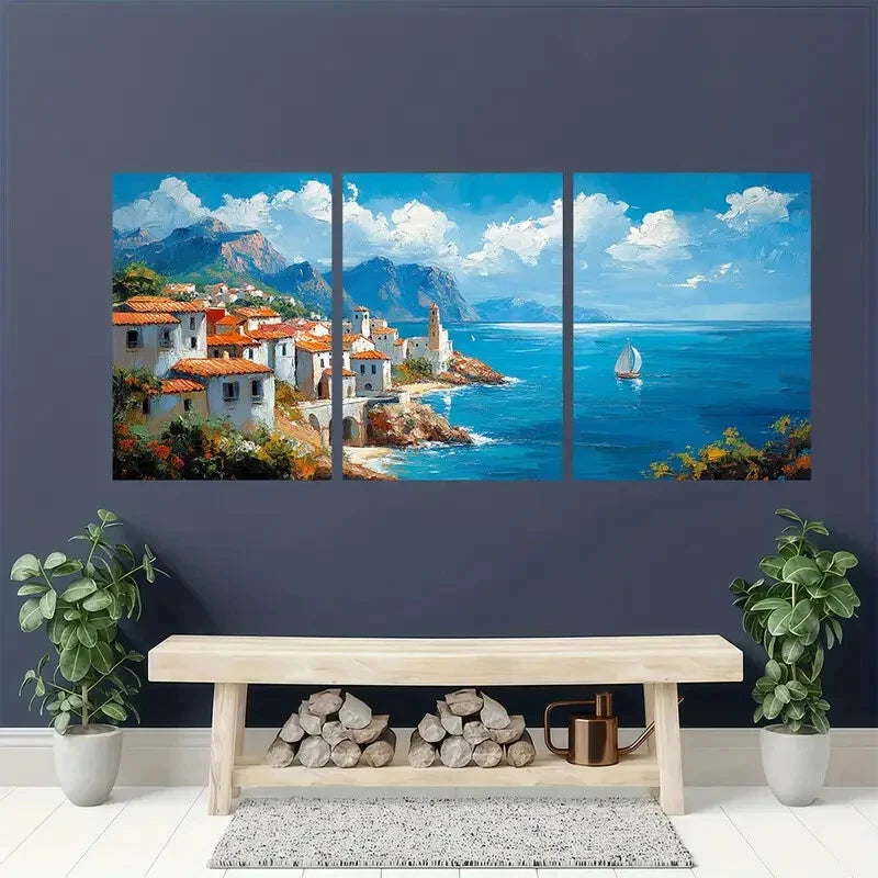 3pcs Abstract Coastal Landscape Oil Painting Metal Print Ready to Hang Art