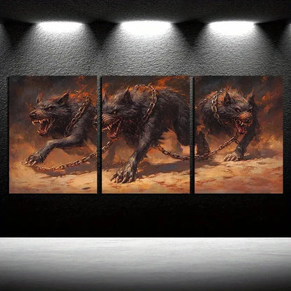 3pcs Wolf Wearing a Chain around its Neck Metal Print Ready to Hang Art