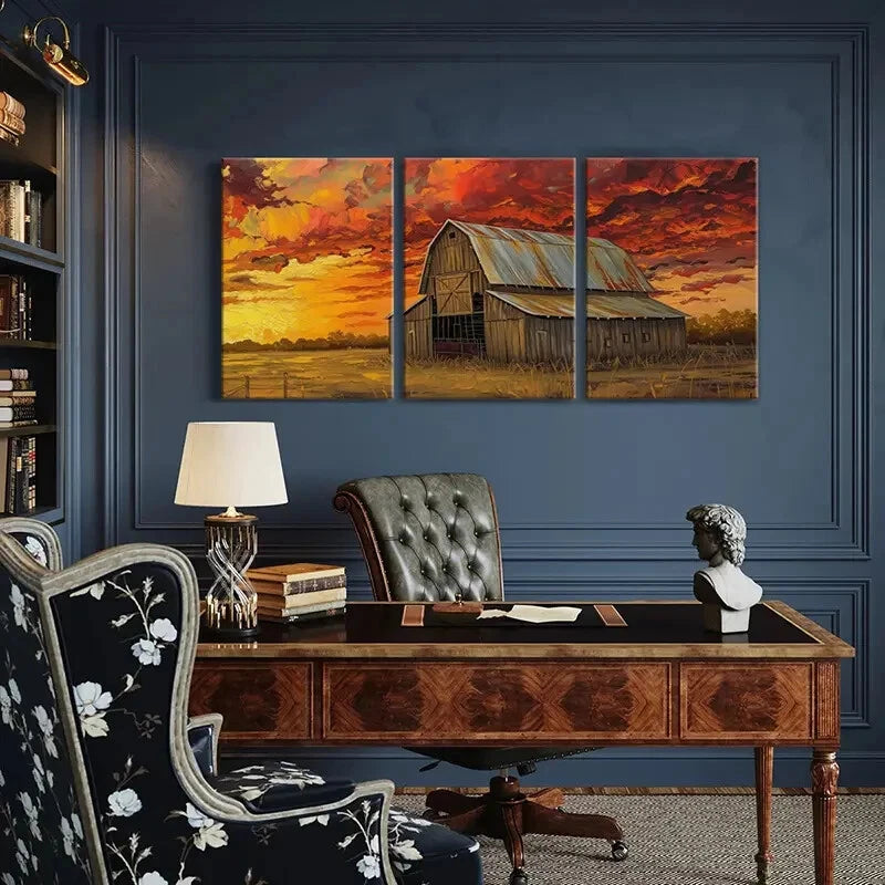 3pcs Rustic Barn Sunset Sky Wooden Structure Metal Print Ready to Hang Art