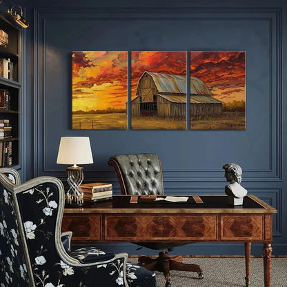 3pcs Rustic Barn Sunset Sky Wooden Structure Metal Print Ready to Hang Art