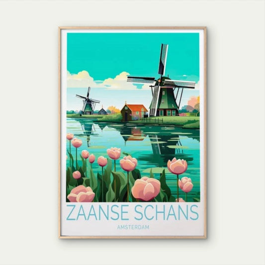 Zaanse Schans Amsterdam, Windmill & Lake Travel Poster Print Wall Art
