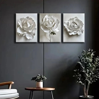3pcs Elegant White Rose Floral Paintings Metal Print Ready to Hang Art