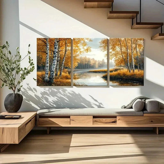 3pcs Autumn Forest Landscape Birch Trees Metal Print Ready to Hang Art