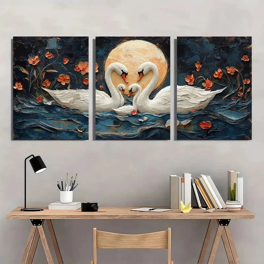 3pcs Animal Series Swan Family Pattern Wall Art Set Canvas Framed 40x60cm - High Quality Print 100% Australian Made Wall Canvas Ready to Hang