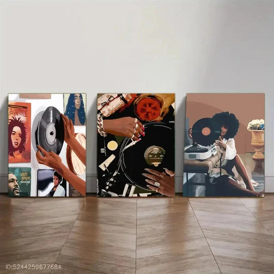 3pcs Vintage Records Music Art Black Girl Art Metal Print Ready to Hang Art