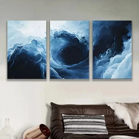 3pcs Blue Ocean Wave Abstract Art Metal Print Ready to Hang Art