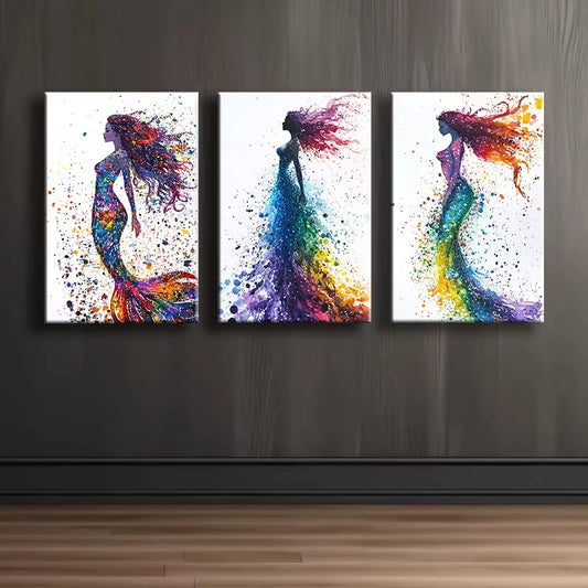 3pcs Mermaid watercolor Illustration Wall Art Set Canvas Framed 50x70cm - High Quality Print 100% Australian Made Wall Canvas Ready to Hang