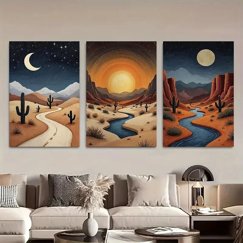 3pcs Night Skies River and Moon Boho Earth Tone Metal Print Ready to Hang Art