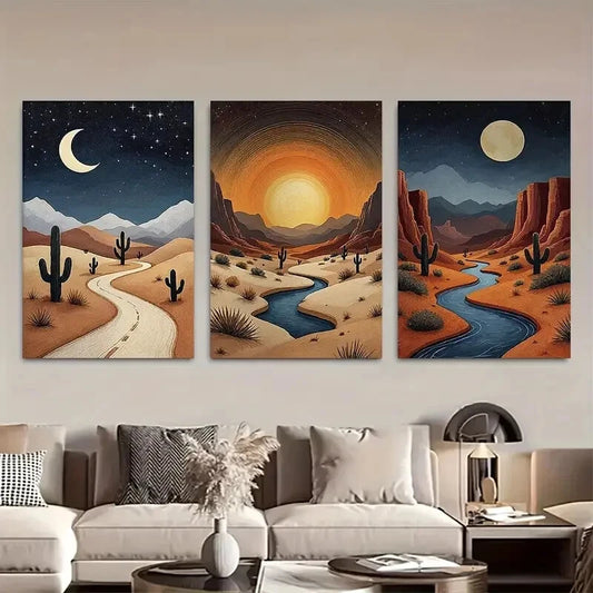 3pcs Night Skies River and Moon Boho Earth Tone Metal Print Ready to Hang Art