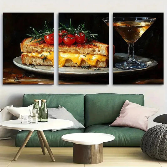 3pcs Grilled Cheese Sandwich and Martini Metal Print Ready to Hang Art