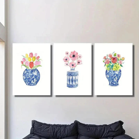 3pcs Watercolor Flowers in Chinese Style Vase Metal Print Ready to Hang Art