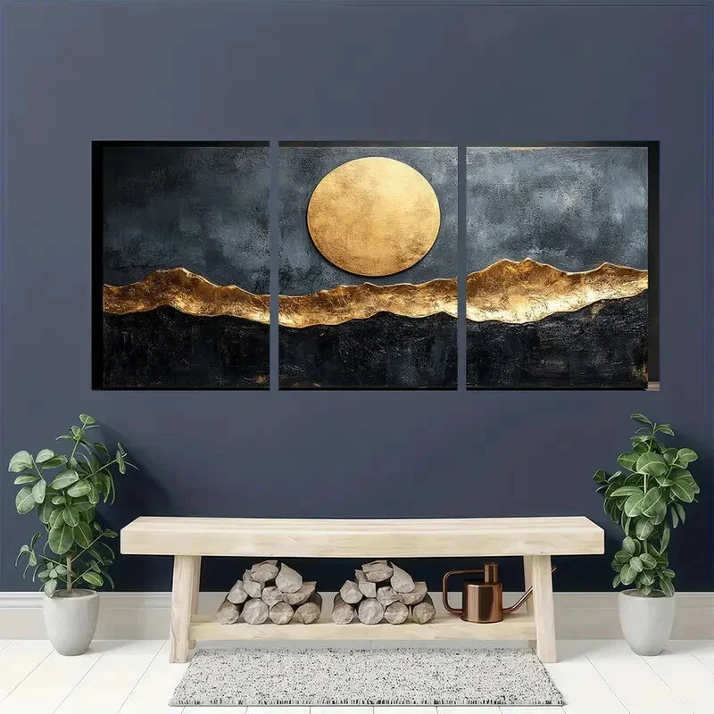 3pcs Modern Beige & Black Abstract Design Metal Print Ready to Hang Art